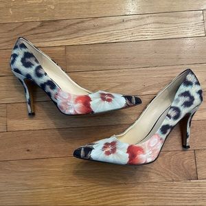 NINE WEST Leopard Floral Heels 8.5 M “Flax” 4 inch